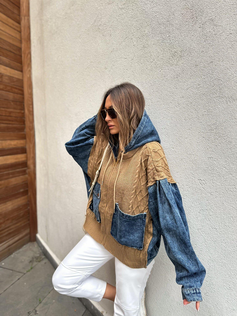 Camel Triko Detaylı Kot Ceket