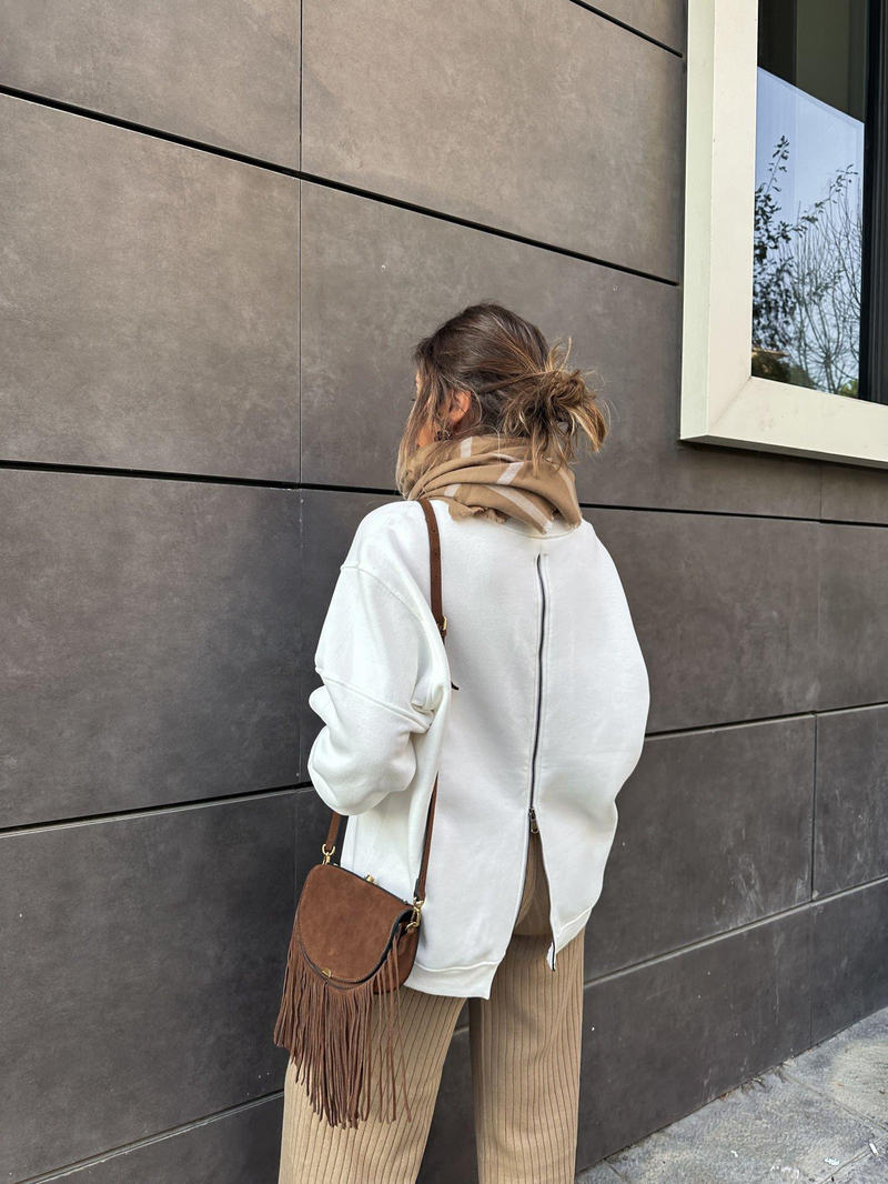 Ekru Arkası Fermuarlı Sweatshirt