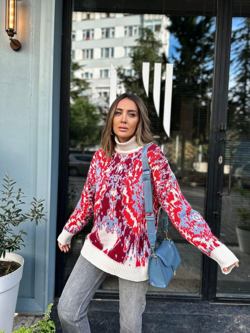 Ekru Batik Desenli Balıkçıl Kazak