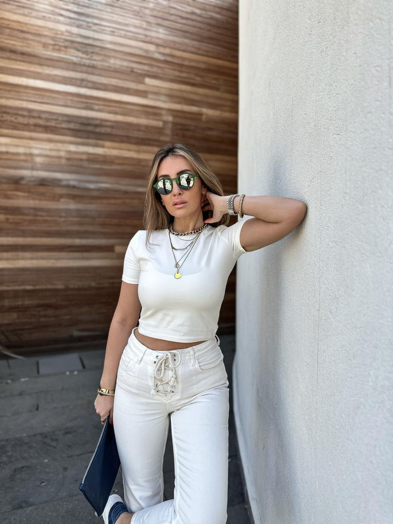 Ekru Pamuklu Crop Tshirt