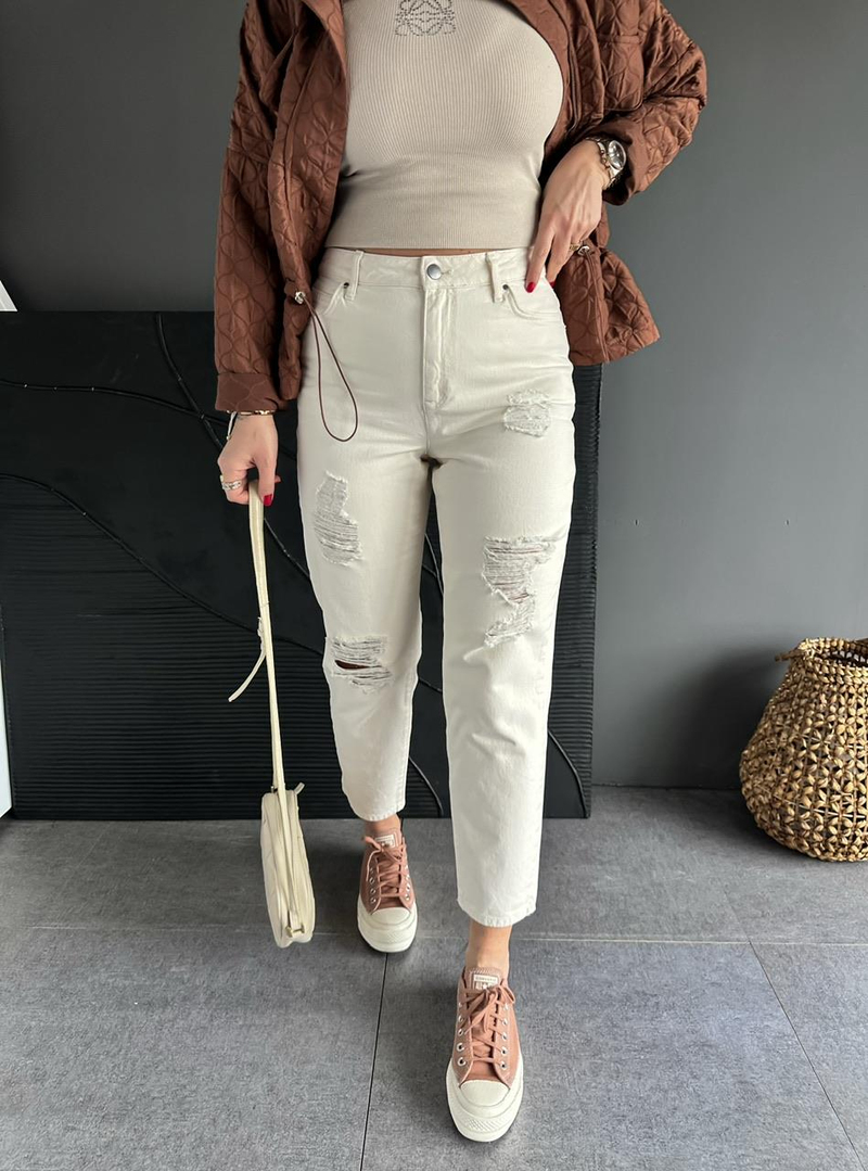 Ekru Yırtık Detaylı Orijinal Jean