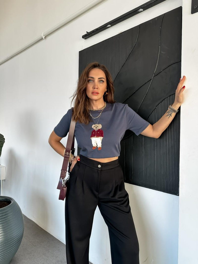 Füme Ayıcık Figürlü Cotton Tshirt