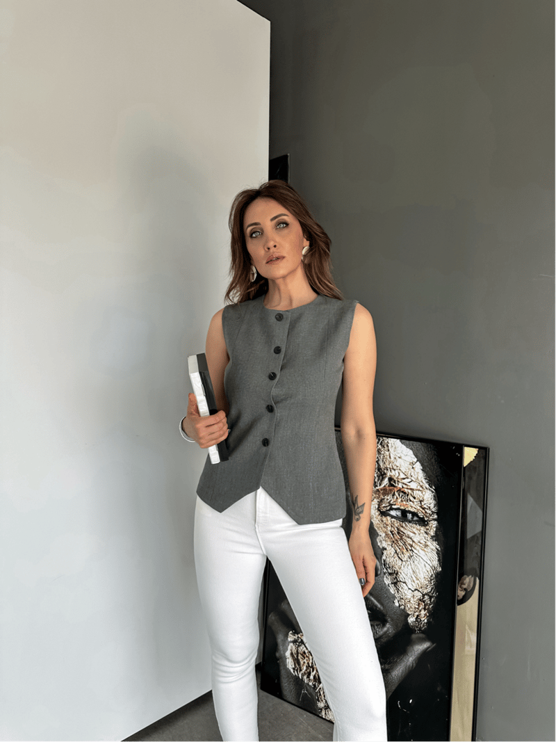 Gri Asimetrik Premium Yelek