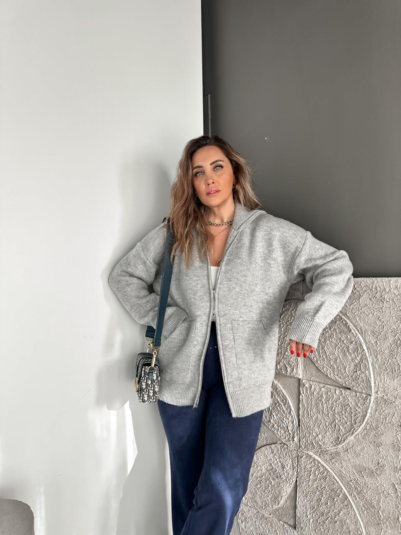 Gri Cepli Çift Fermuarlı Hırka