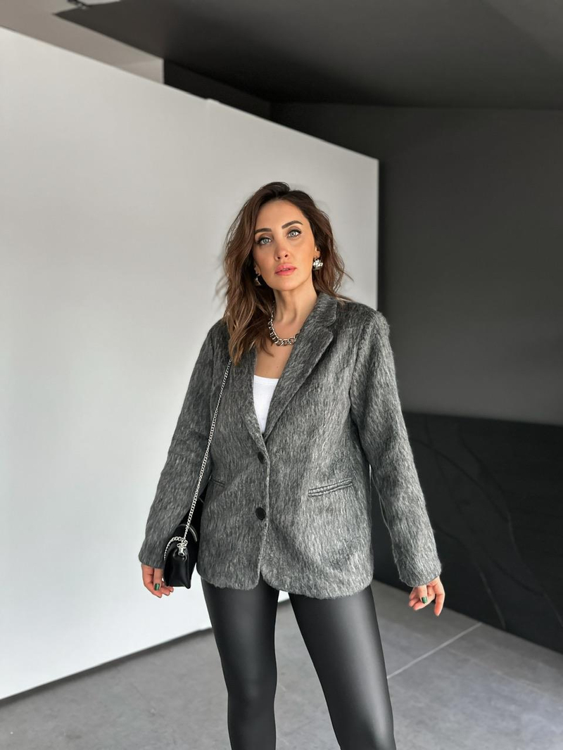 Gri Cepli Dokulu Blazer Ceket