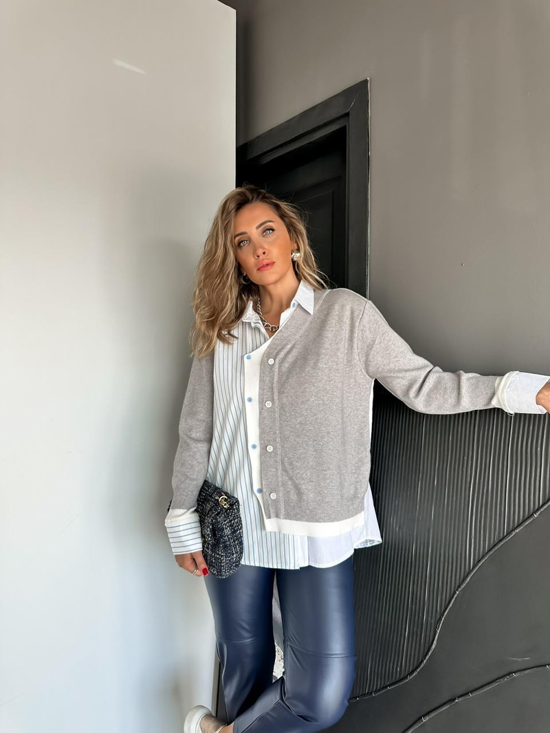 Gri Çizgili Gömlek Detaylı Hırka