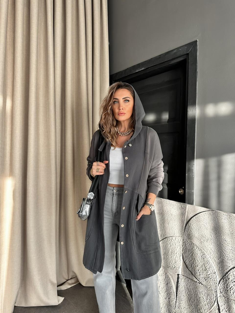 Gri Geniş Cepli Cotton Trençkot