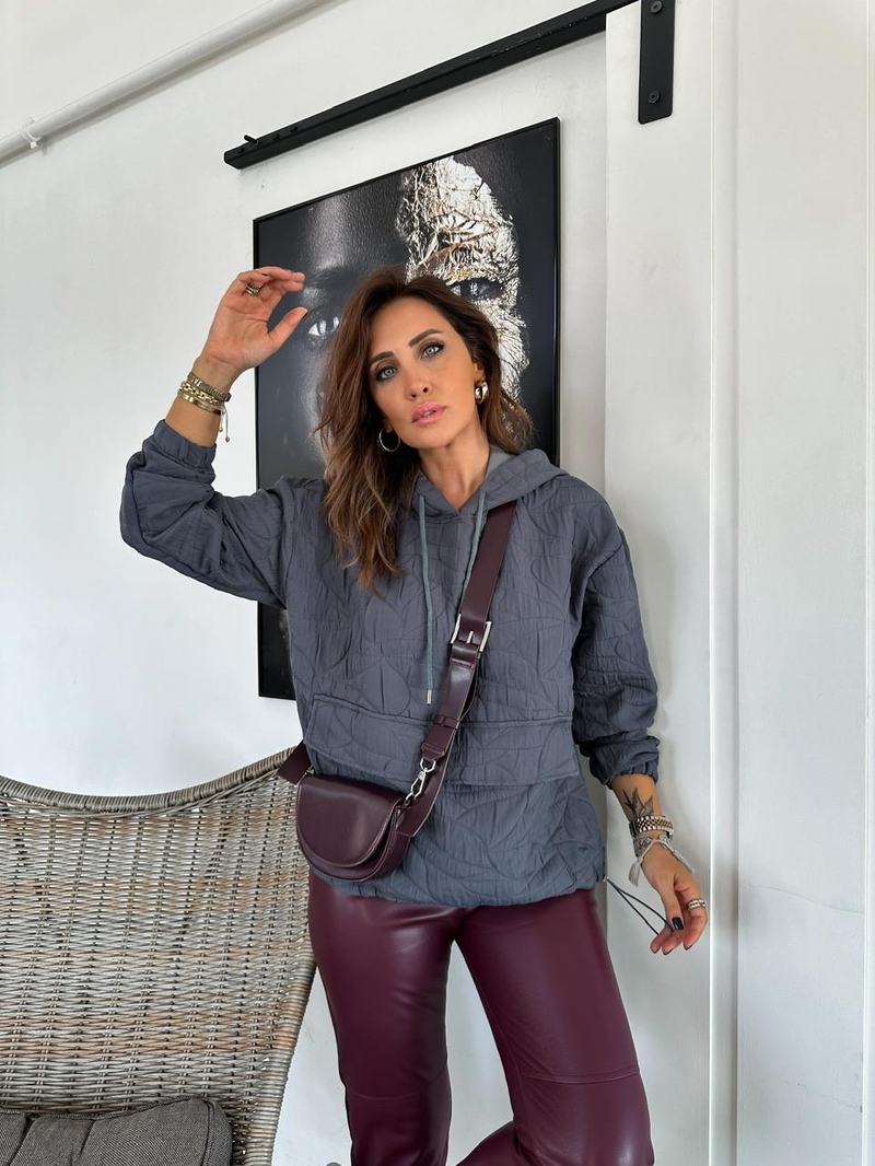 Gri Kapitone Kapşonlu Sweatshirt