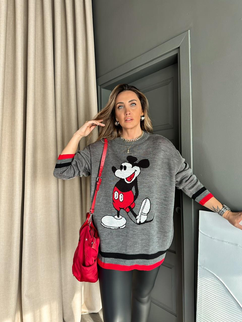 Gri Mickey Figürlü Triko Kazak