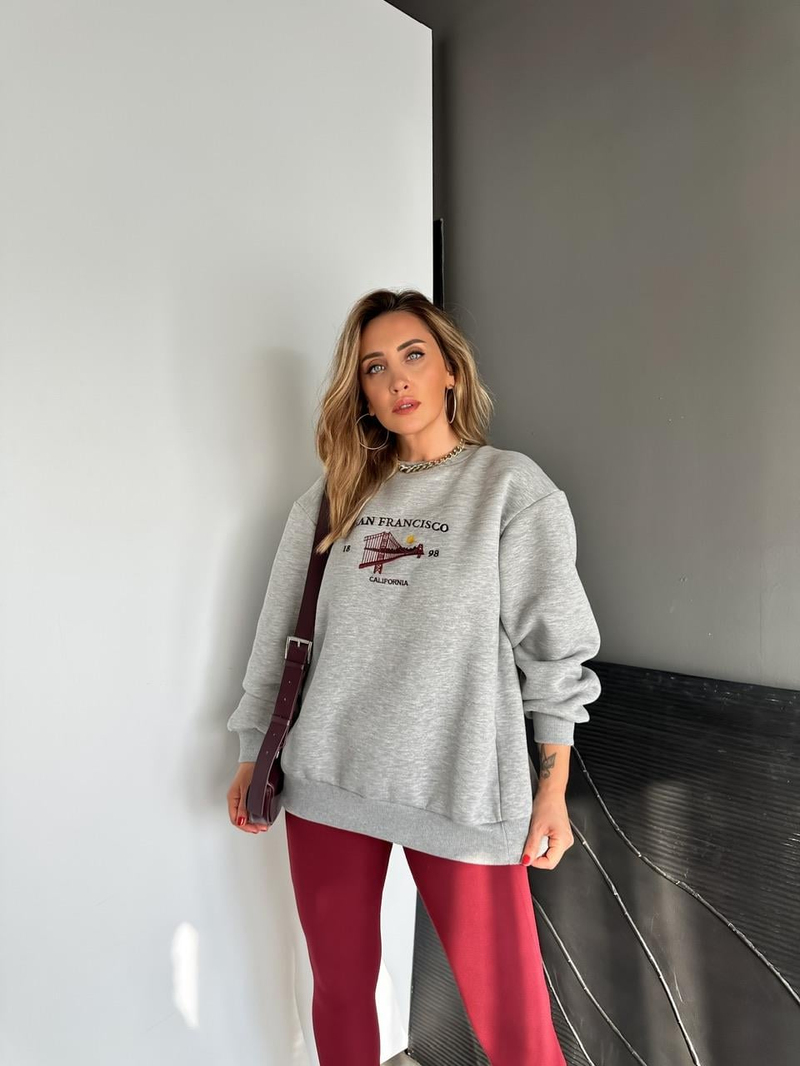 Gri Sırtı Fermuarlı Sweatshirt
