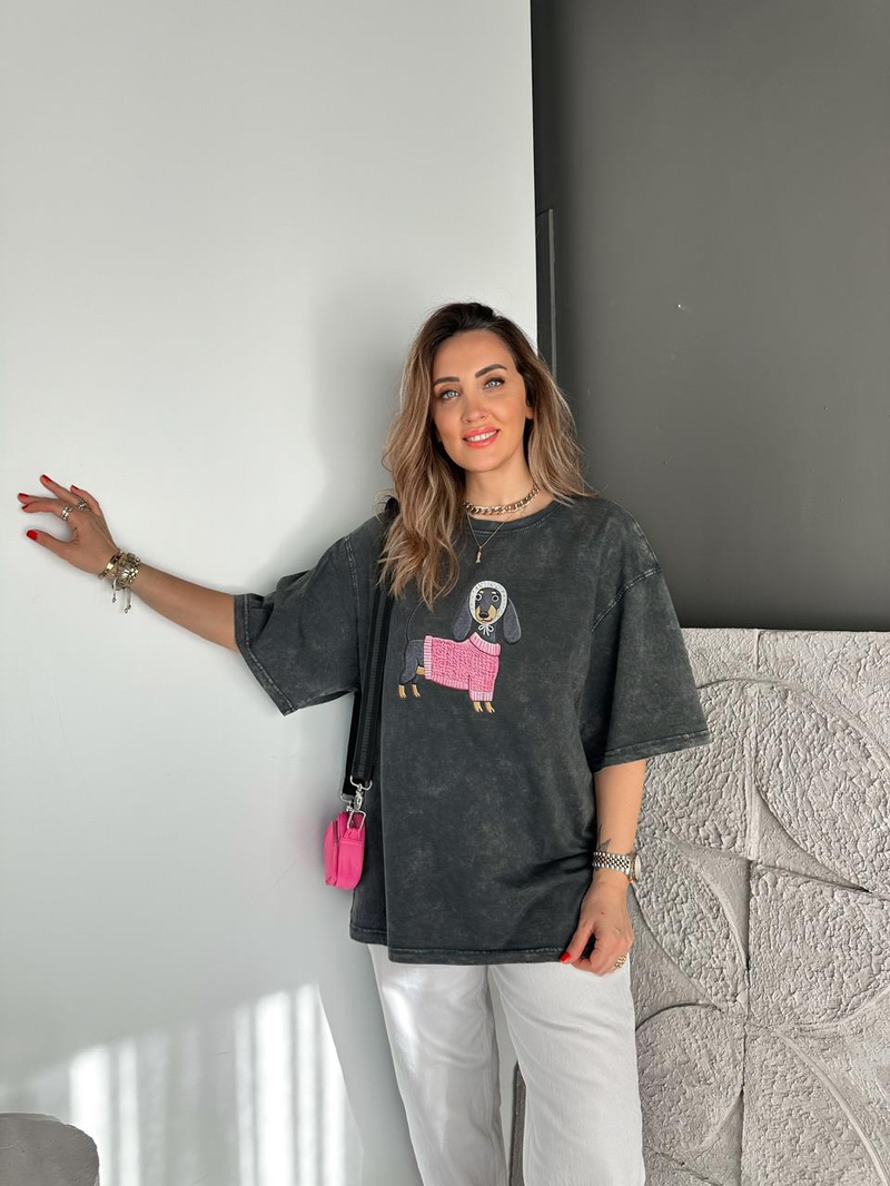 Gri Sosis Köpek Yıkamalı Tshirt