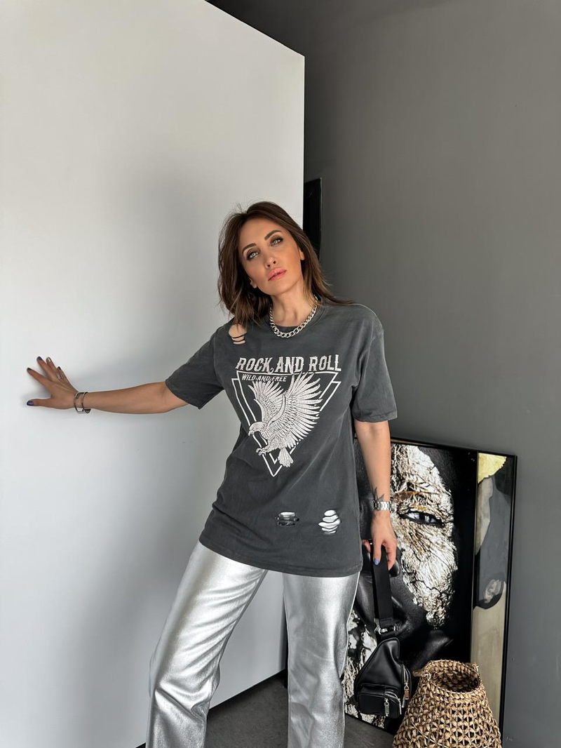 Gri Taşlı Rock Tshirt