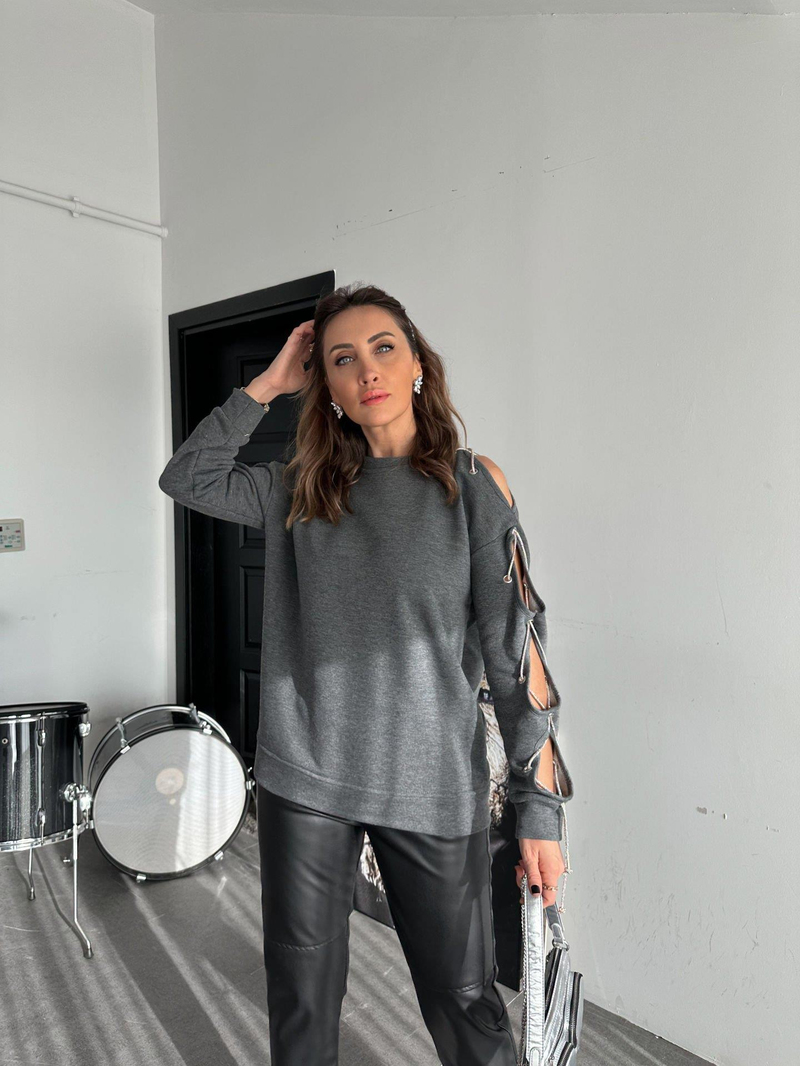 Gri Tek Kolu Taş İşlemeli Sweatshirt