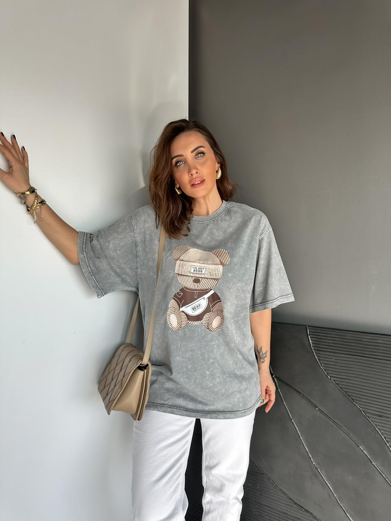 Gri The Best Bear Yıkamalı Tshirt