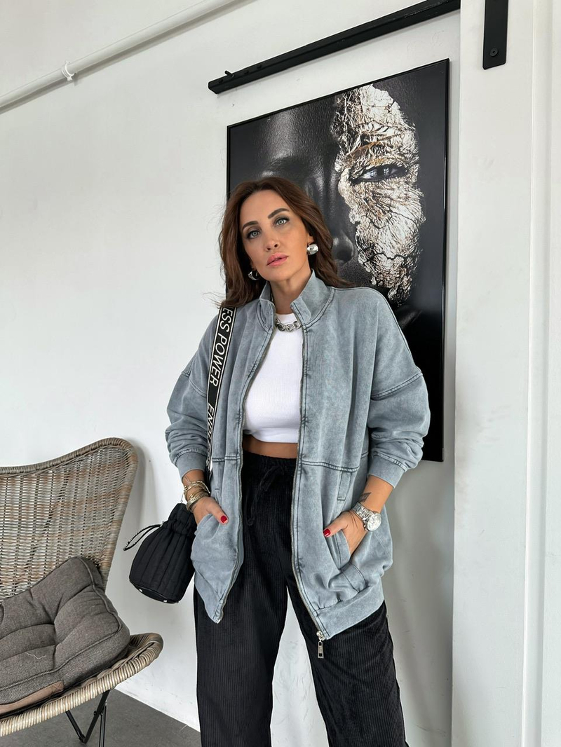 Gri Yıkamalı Fermuarlı Sweatshirt