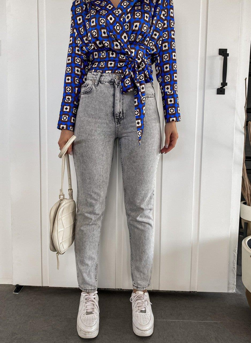 Gri Yüksek Bel Mom Fit Jean