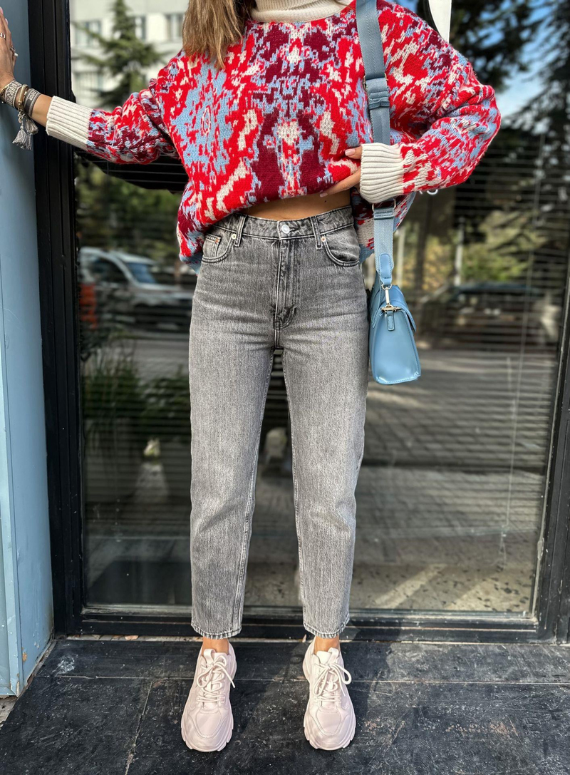 Gri Yüksek Belli Mom Jean