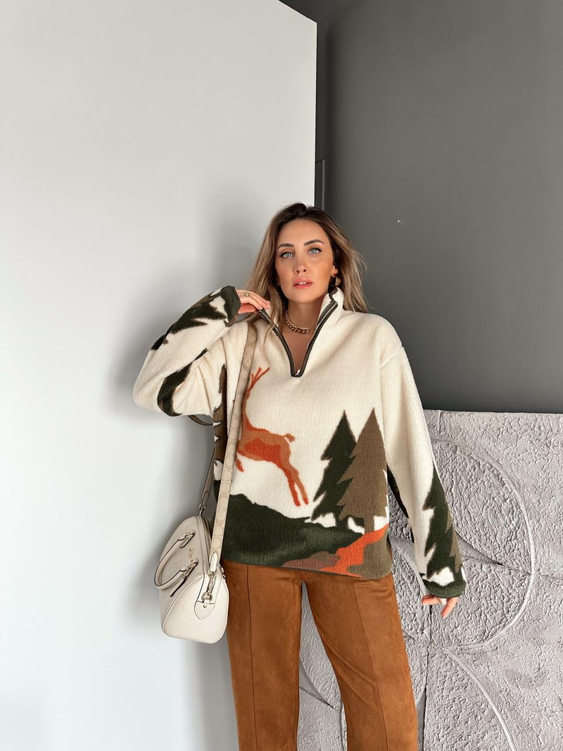 Haki Geyikli Polar Sweatshirt