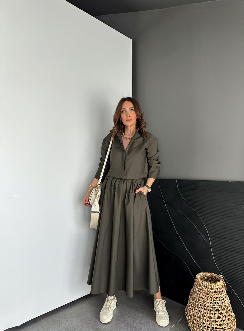 Haki Kısa Gömlekli Etekli Cotton Takım