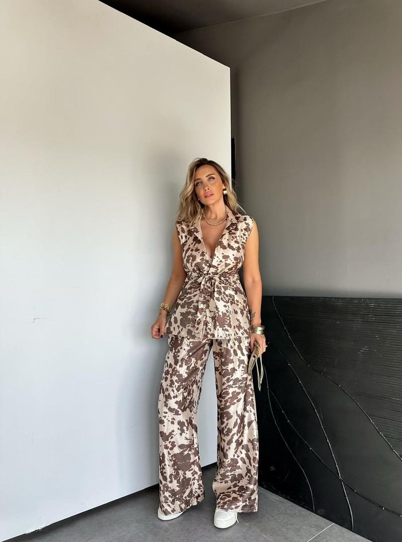 Kahve Animel Print Saten Takım