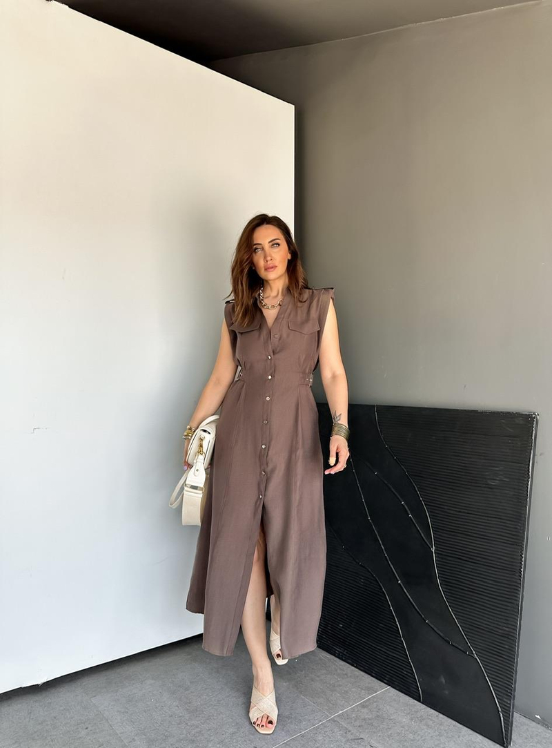 Kahve Ayarlanabilir Bel Kemerli Elbise