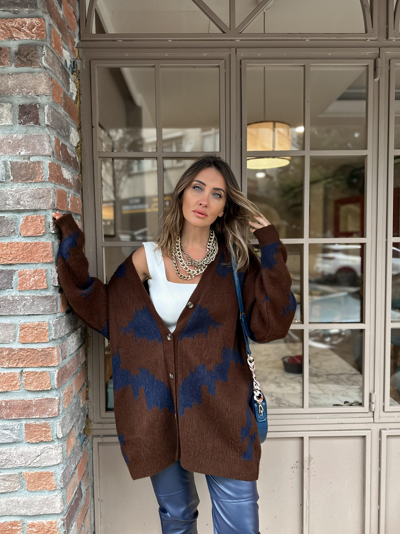 Kahve Batik Desen Dokulu Hırka