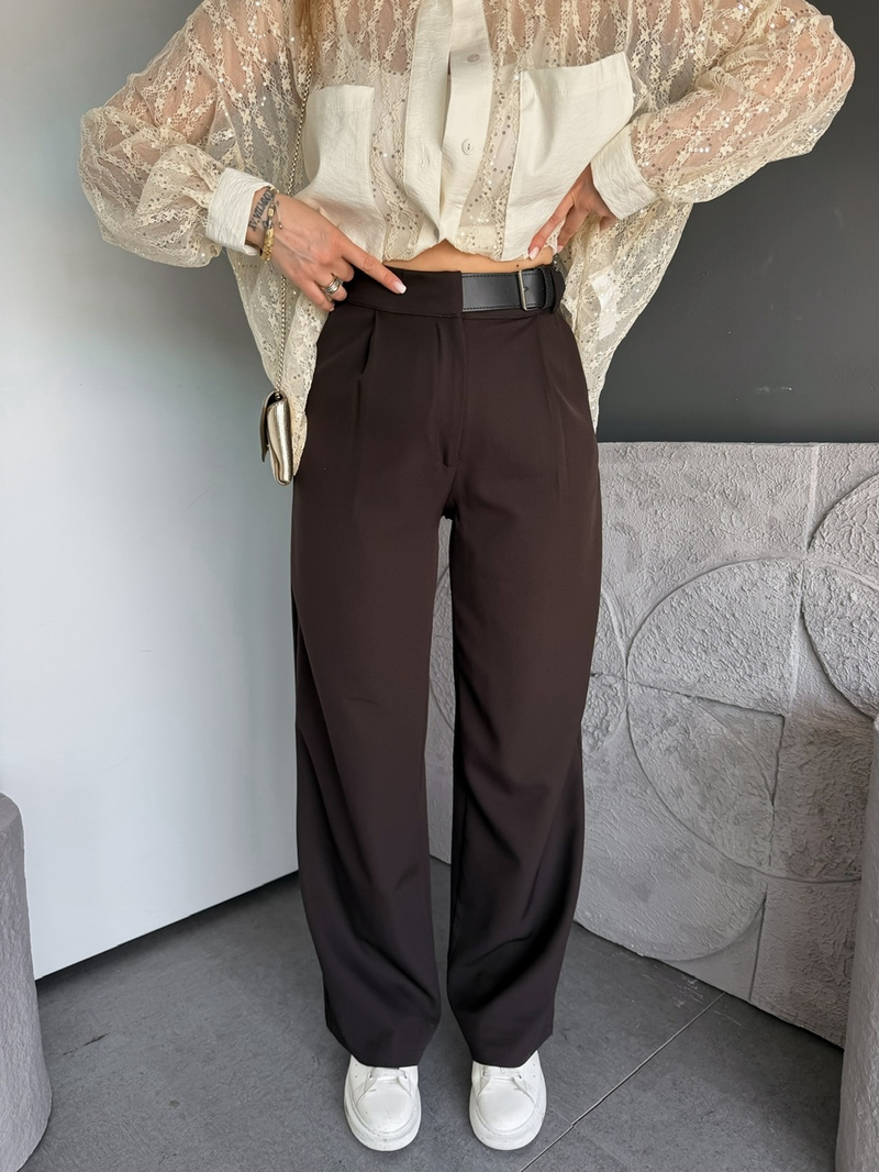 Kahve Beli Kemerli Ayarlanabilir Bol Pantolon