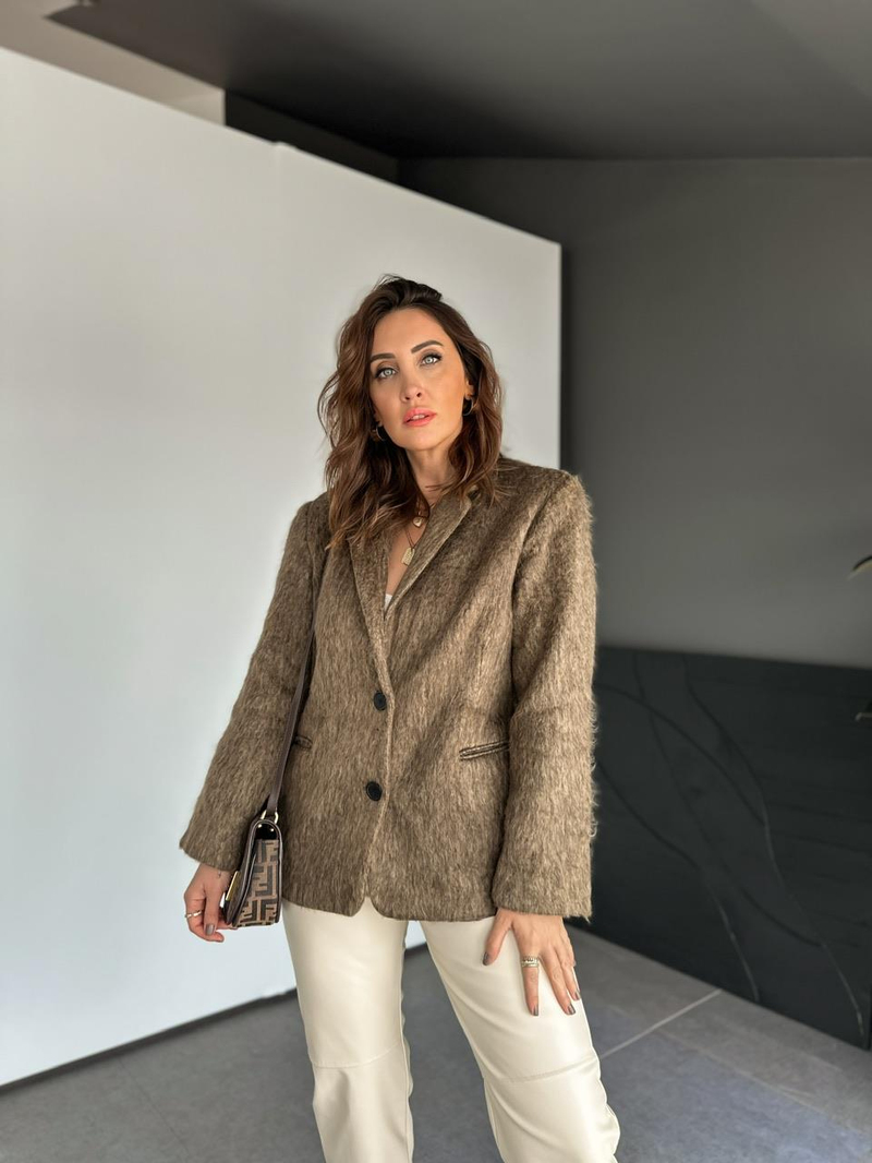 Kahve Cepli Dokulu Blazer Ceket