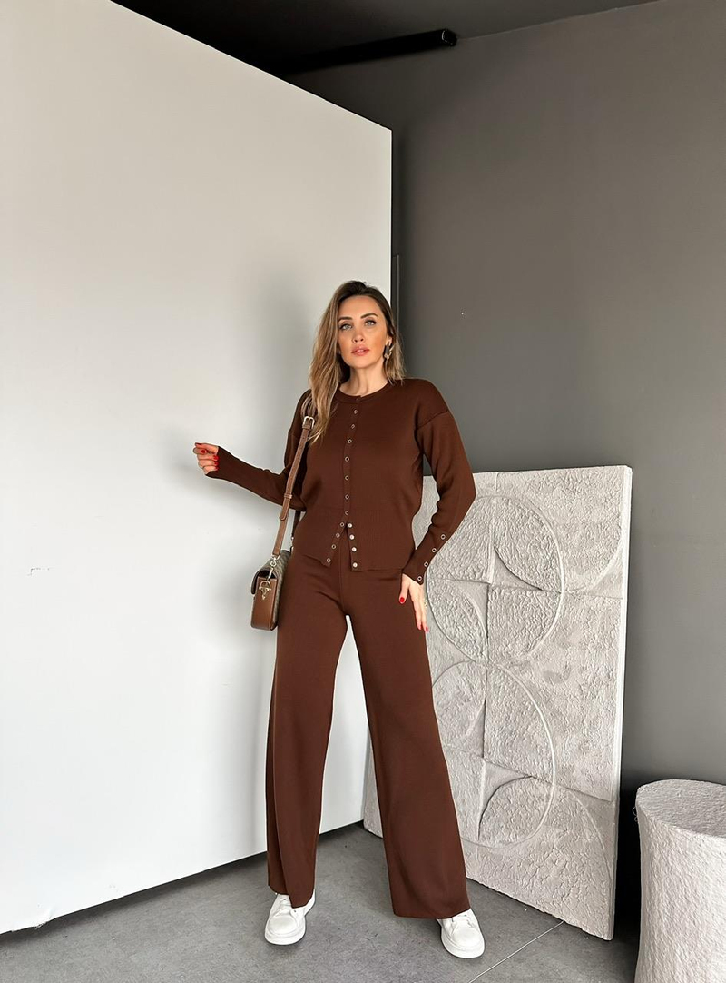 Kahve Çıtçıt Detaylı Triko Takım