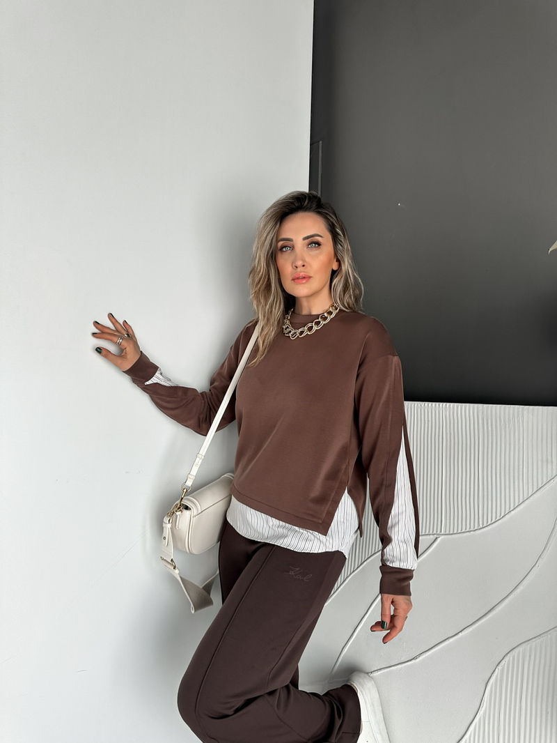 Kahve Çizgili Gömlek Parçalı Tasarım Sweatshirt
