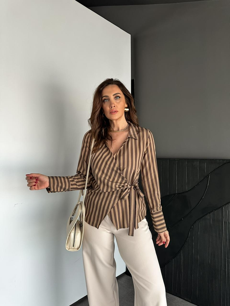 Kahve Çizgili Kruvaze Bağlamalı Gömlek