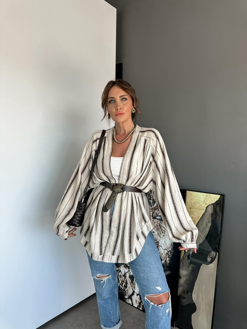 Kahve çizgili Organic Keten Kimono