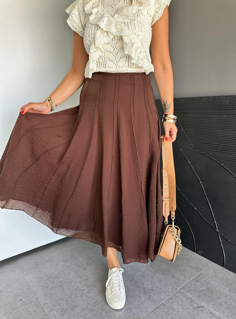 Kahve Dikişli Astarlı Kloş Etek