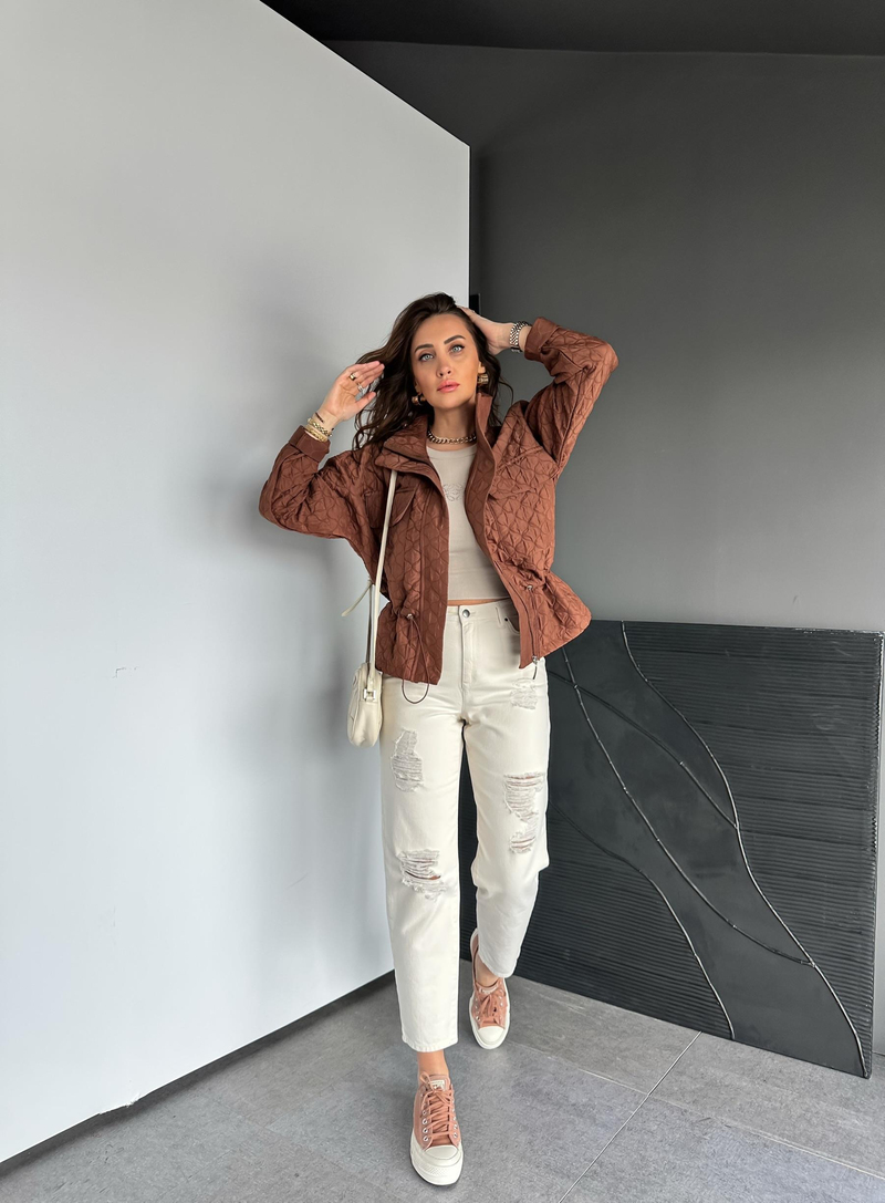 Kahve Dokulu Beli Büzgülü Ceket
