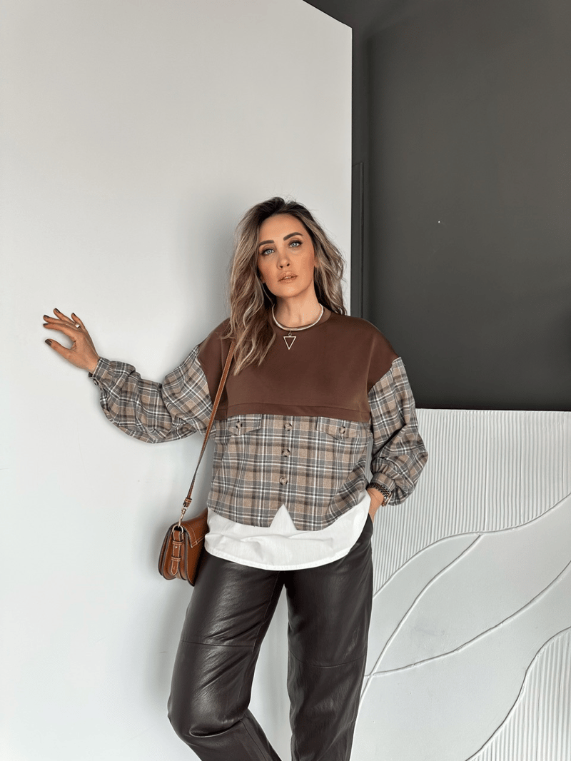 Kahve Ekose Gömlek Detaylı Sweatshirt