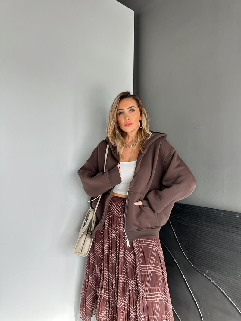 Kahve Fermuarlı Şardonlu Sweatshirt