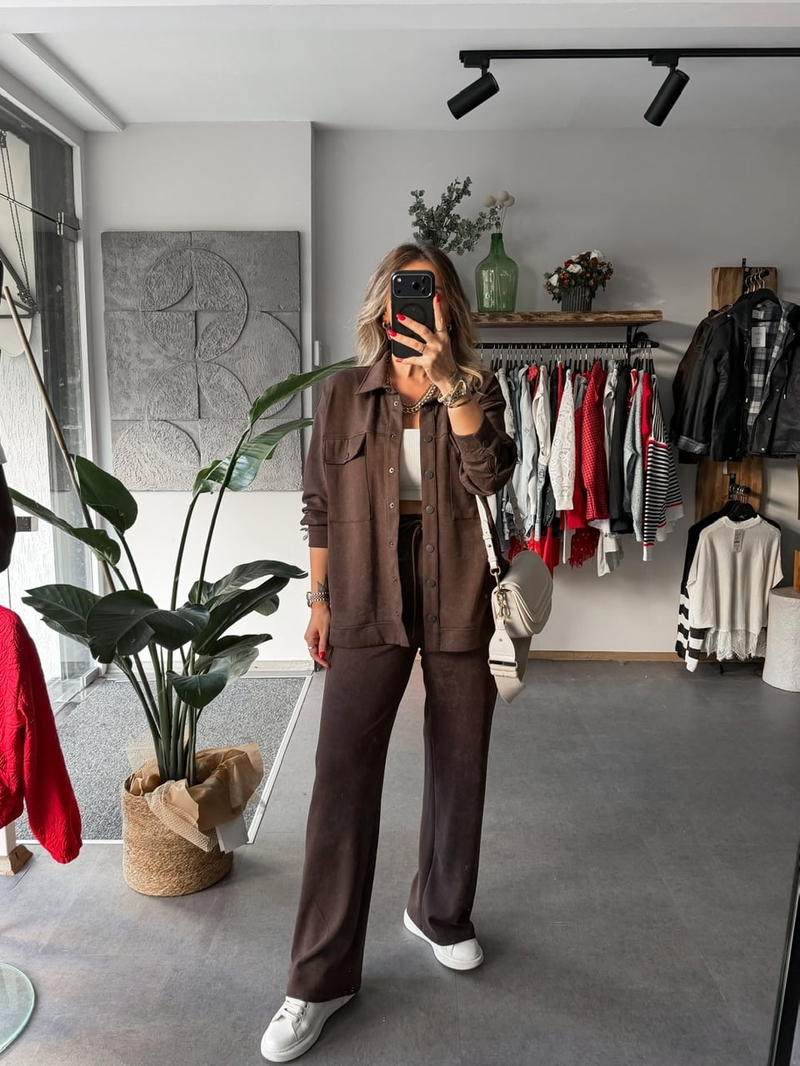 Kahve Gömlek Pantolon Batik Takım