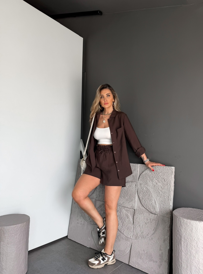 Kahve Gömlek Şortlu Zr Tensel Takım