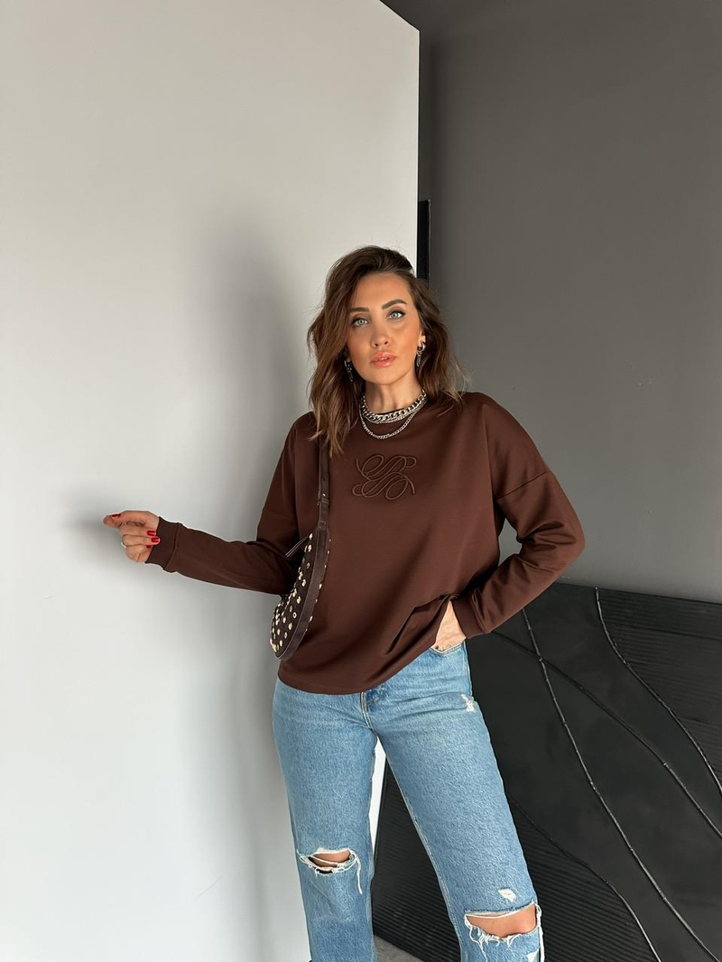 Kahve Kabartma Logolu Sweatshirt