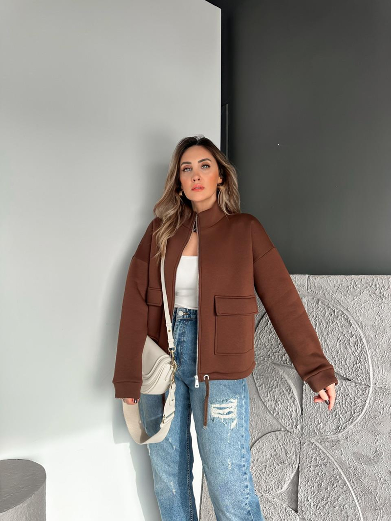 Kahve Kapak Cepli Şardonlu Sweatshirt
