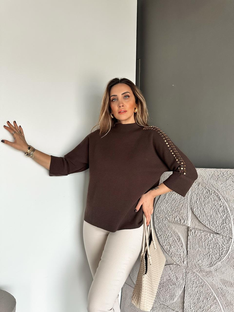 Kahve Kare Taşlı Premium Kazak