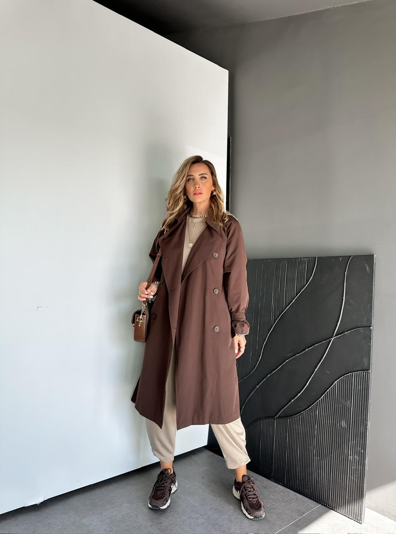 Kahve Kolu Bağlamalı Oversize Trençkot
