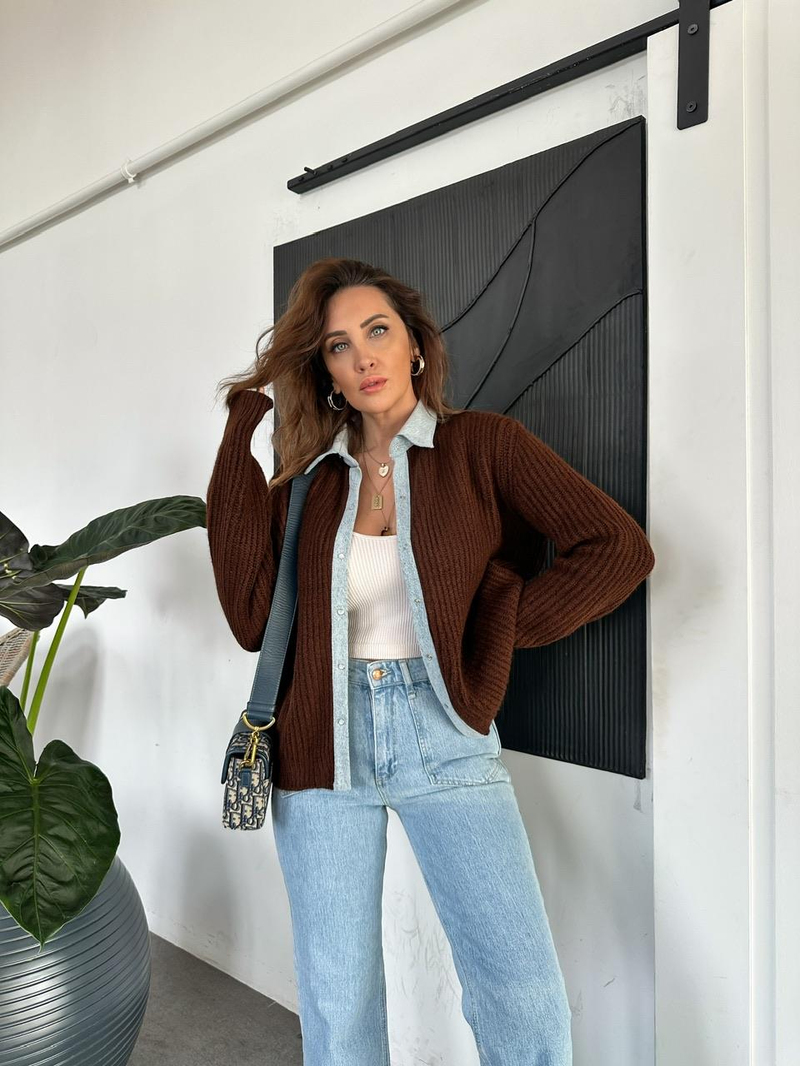 Kahve Kot Detaylı Çıtçıtlı Hırka