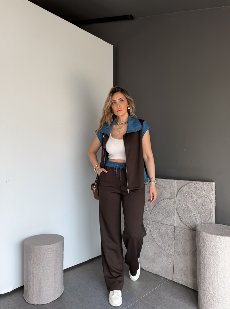 Kahve Kot Parçalı Yelekli Modal Takım