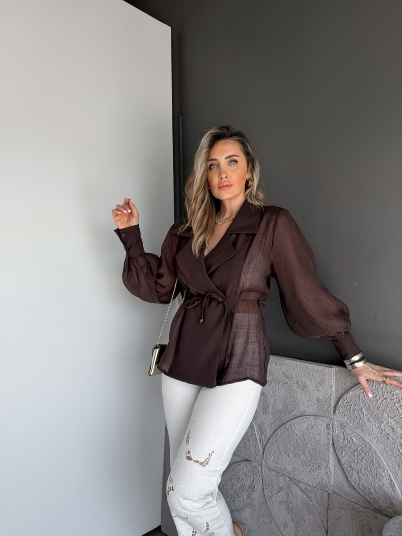 Kahve Manşet Kollu Tül Ceket