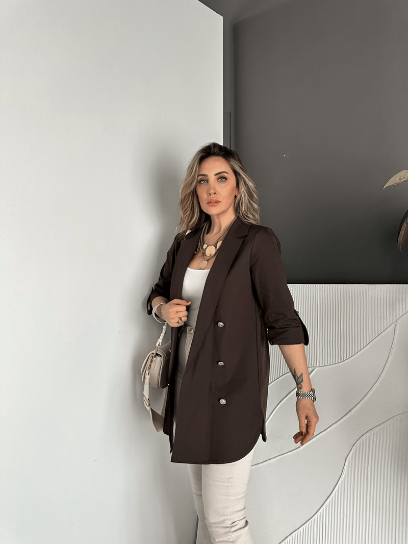 Kahve Manşetli Cotton Blazer Ceket
