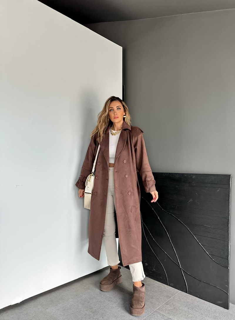 Kahve Manşetli Süet Premium Trençkot