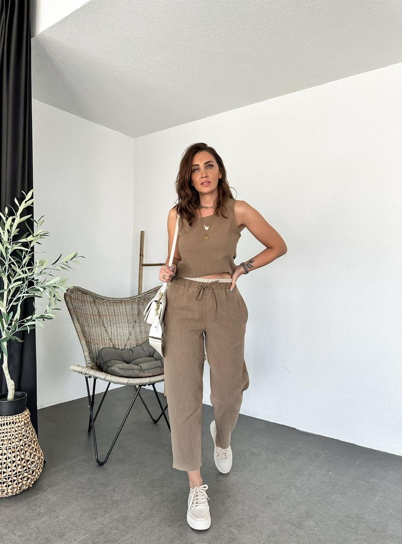 Kahve Naturel Bluz Pantolon Takım