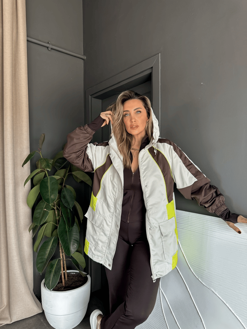 Kahve Neon Blok Renkli Trençkot