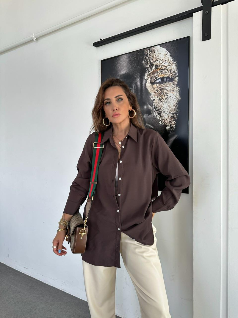 Kahve Oversize Cotton Gömlek